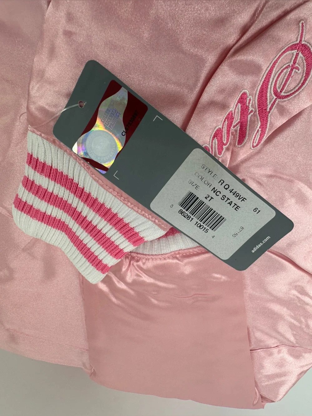 NWT Adidas NC STATE pink satin letterman jacket